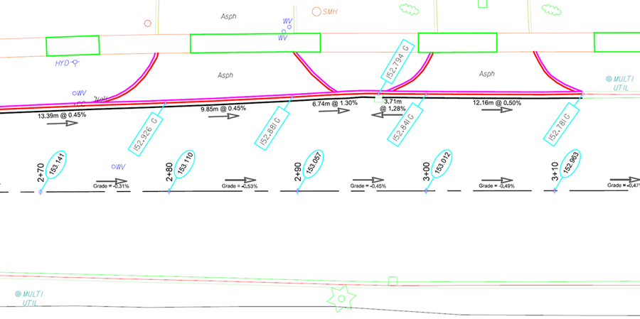 Grading plan of another straight road segment with driveway aprons.