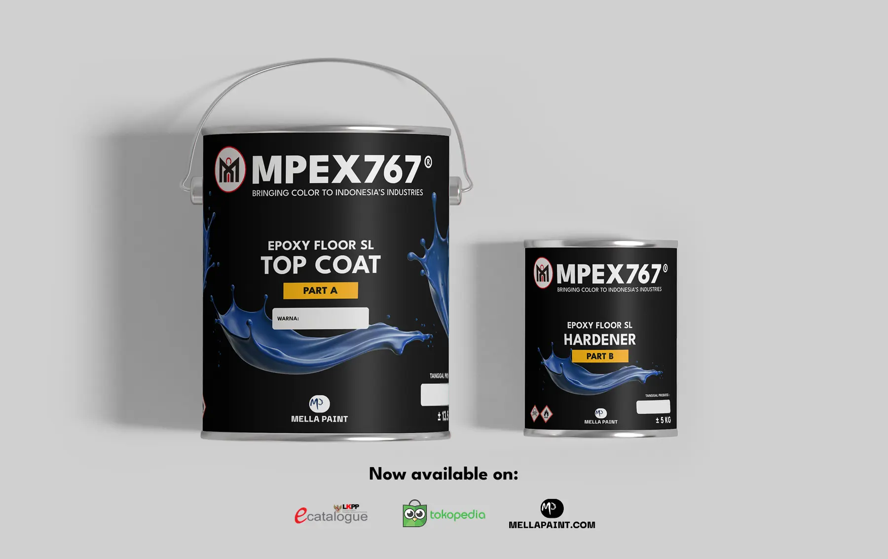 MPEX767 Epoxy Floor SL Top Coat and Hardener paint cans in black and blue packaging