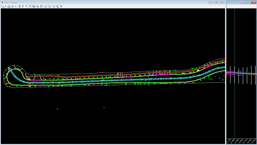2-Civil design software screenshot showing a plan view of a cul-de-sac road layout.