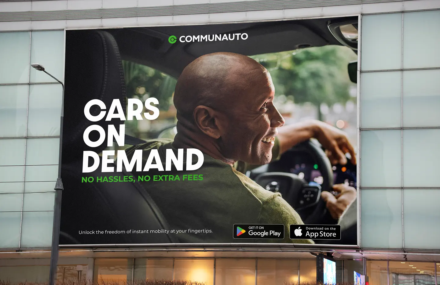 Four-panel bus shelter ad campaign for Communauto covering app features, cost savings, and availability