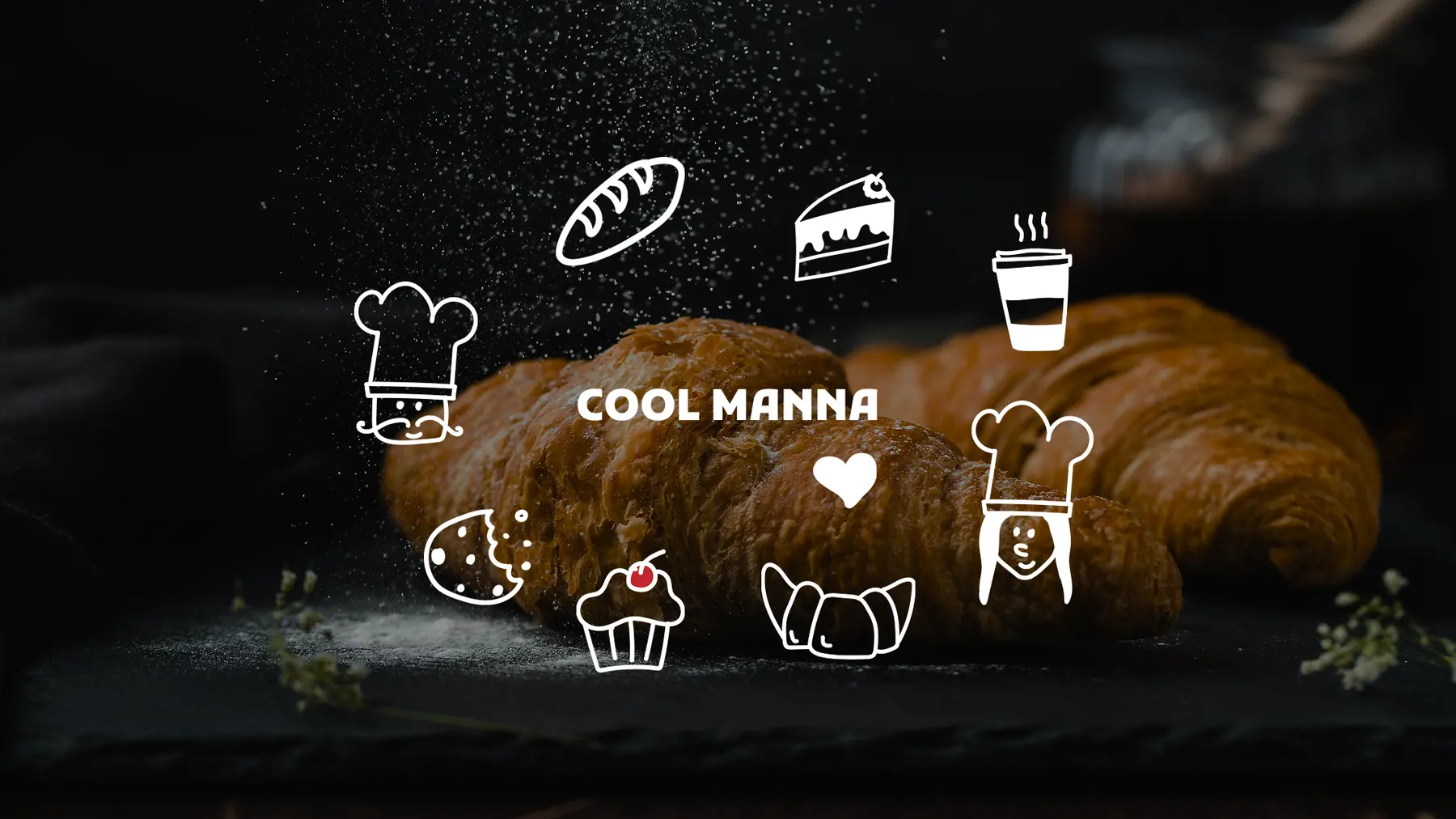 COOL MANNA wordmark in white script over a flour-dusted croissant, ringed by hand-drawn bakery icons: a chef, a loaf of bread, a cake slice, a coffee cup, a cookie, and a cupcake