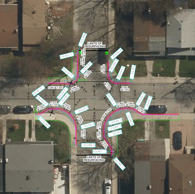Aerial design plan for one of the contract's intersection redesigns, with curb extension and turning-radius dimensions