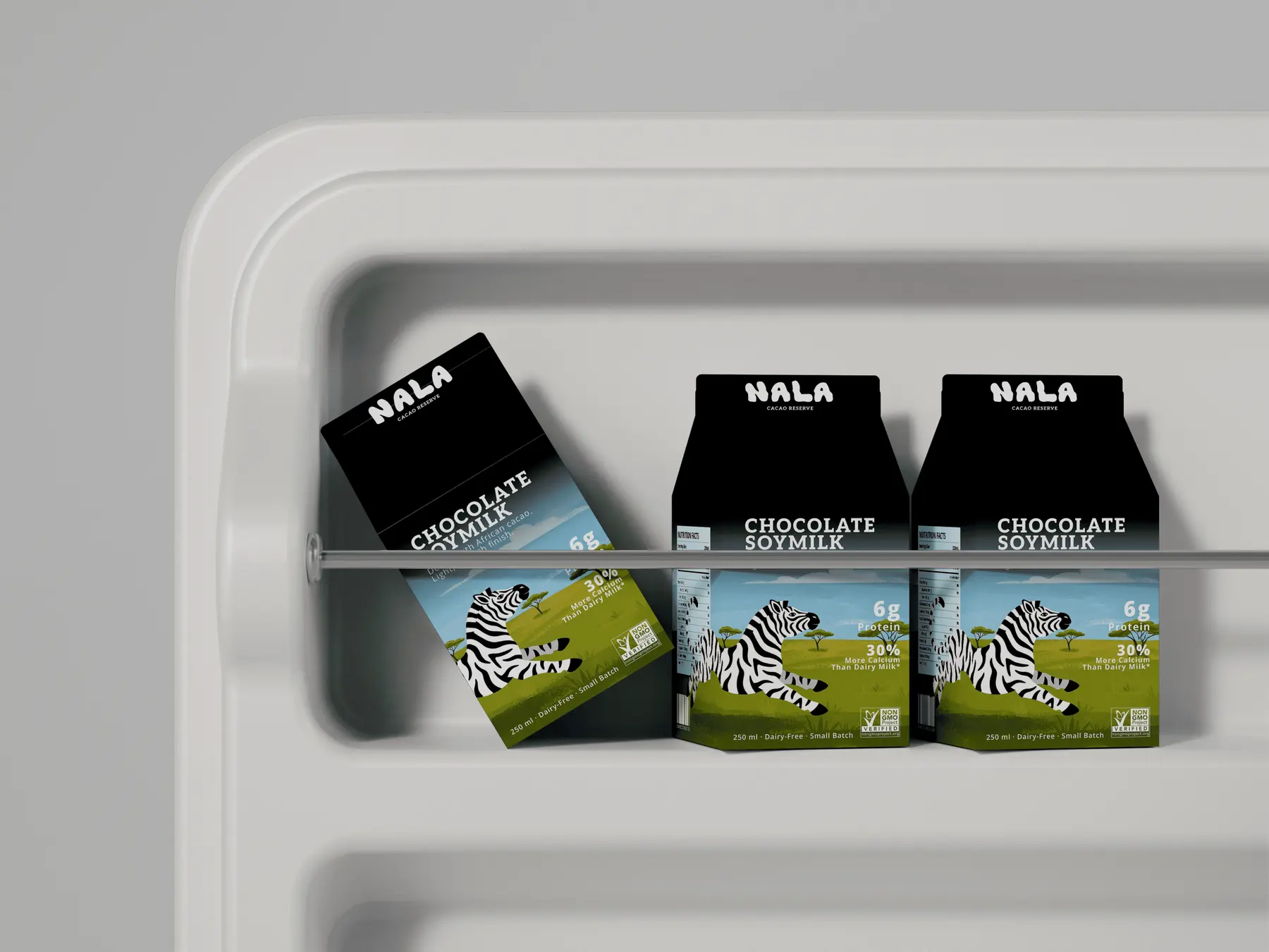 Two NALA Chocolate Soymilk cartons composited into a soybean field, dark packaging against green rows of soy plants
