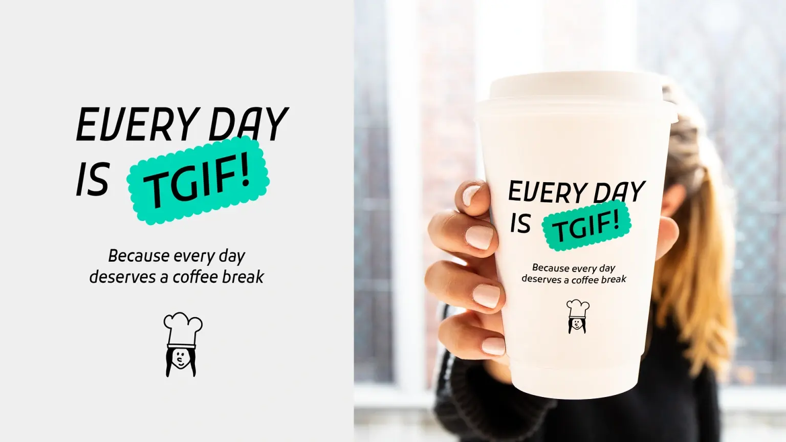 Every Day Is TGIF ad for Cool Manna, a person holding a branded coffee cup