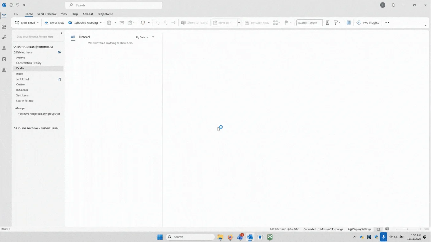 Screenshot of Microsoft Outlook's desktop interface showing an empty Drafts folder in a City of Toronto mailbox, at the start of a screen recording before any drafts populate