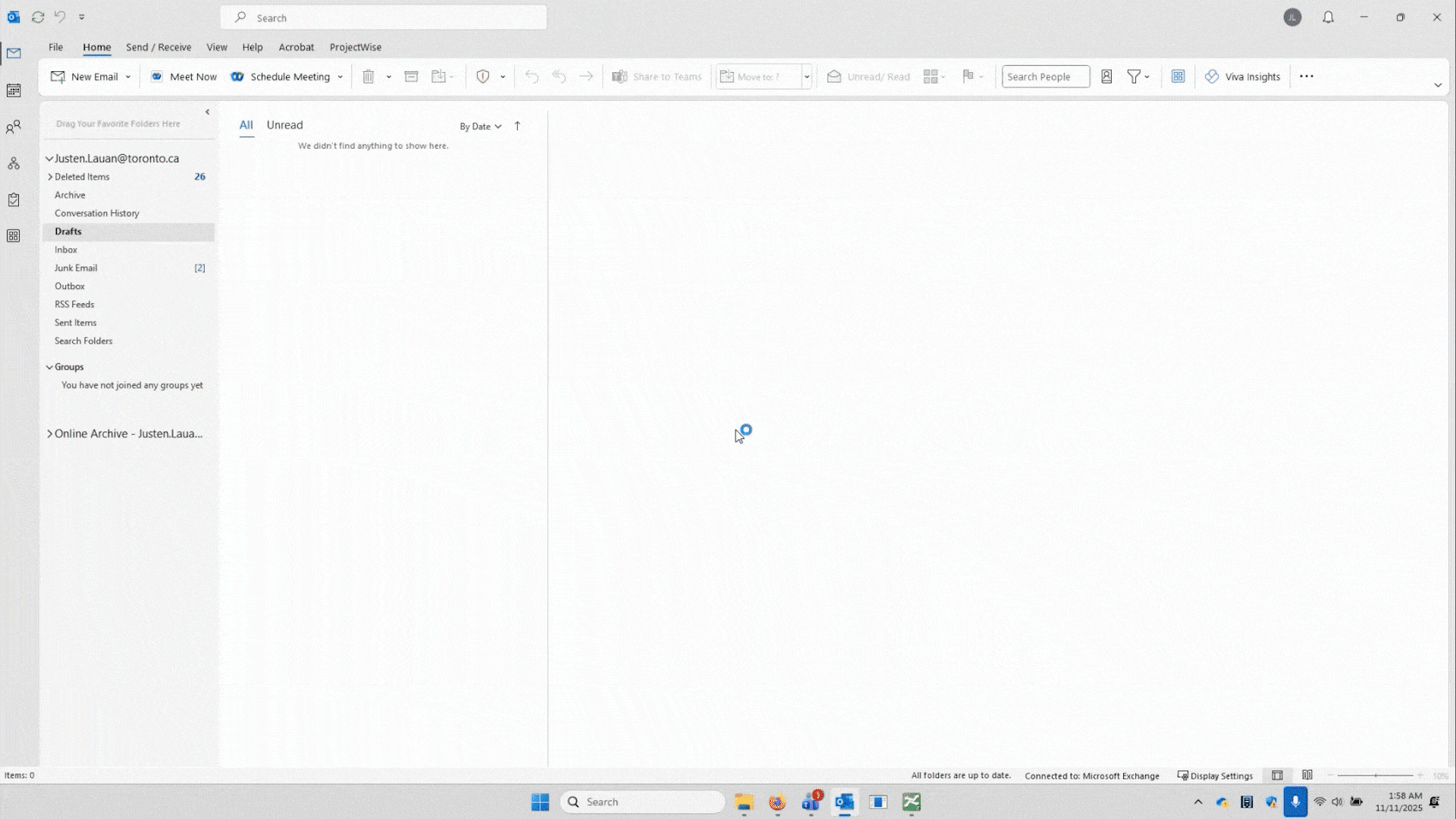 Screenshot of Microsoft Outlook's desktop interface showing an empty Drafts folder in a City of Toronto mailbox, at the start of a screen recording before any drafts populate
