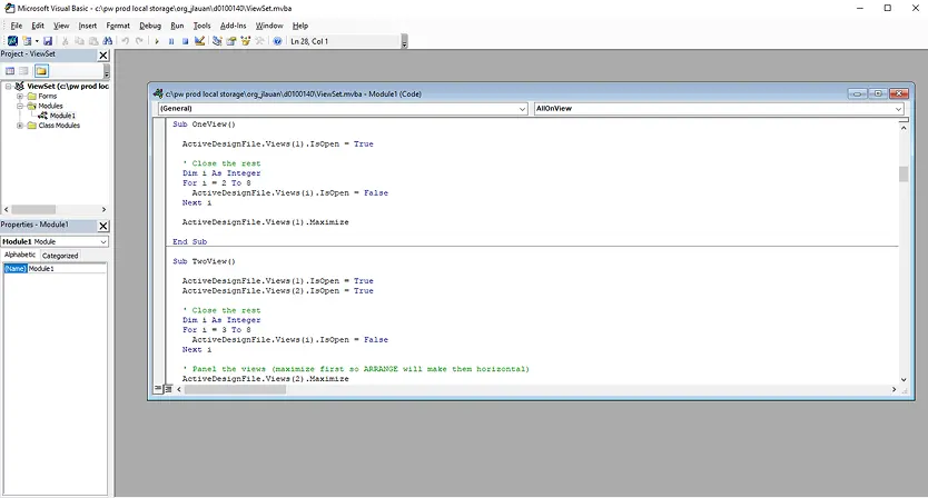 Visual Basic editor showing a MicroStation view-arrangement macro referenced from the wiki's tooling tips