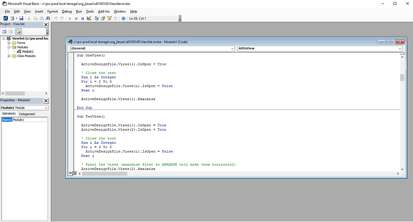 Visual Basic editor showing a MicroStation view-arrangement macro
