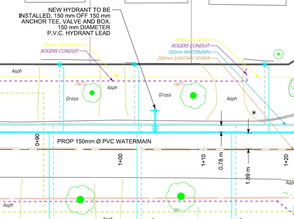 Cross-section detail of the new PVC watermain alongside an existing gas main and Rogers conduit