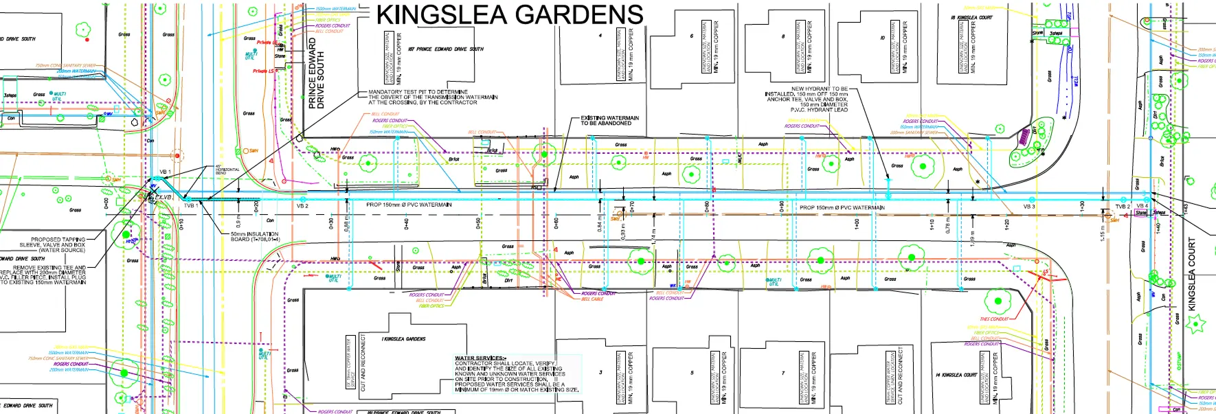 Design plan showing the proposed watermain alignment