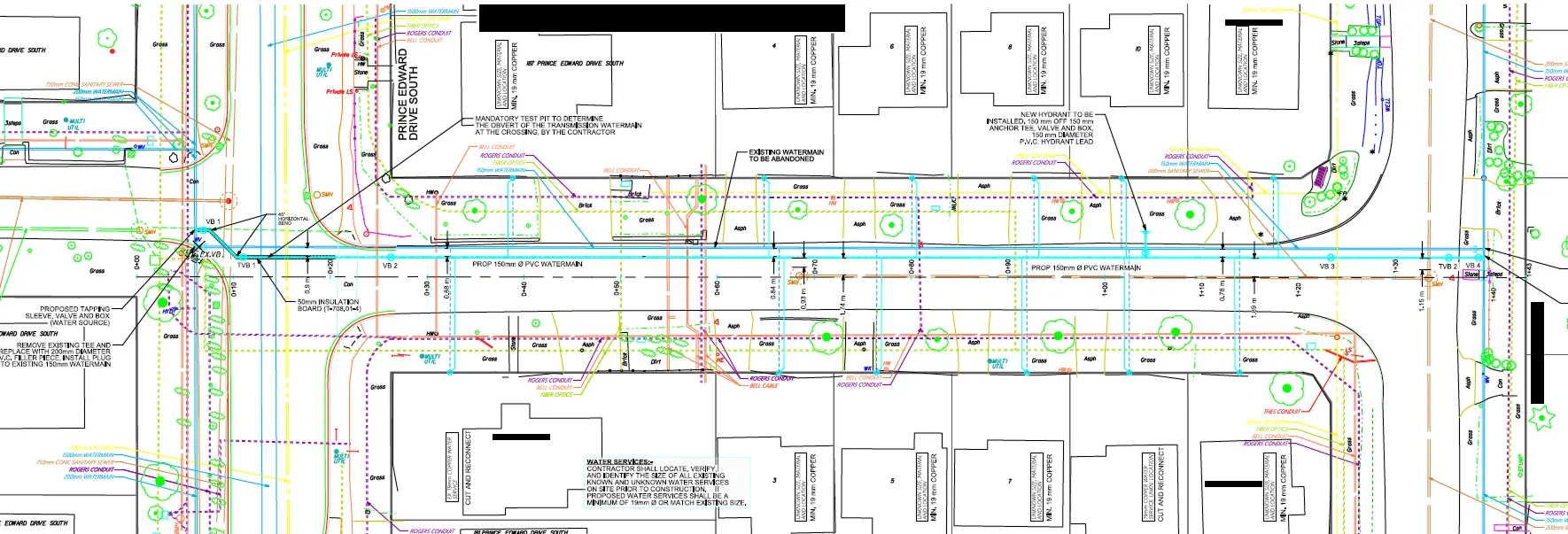 Design plan detail for the watermain, showing the existing main to be abandoned and a new hydrant