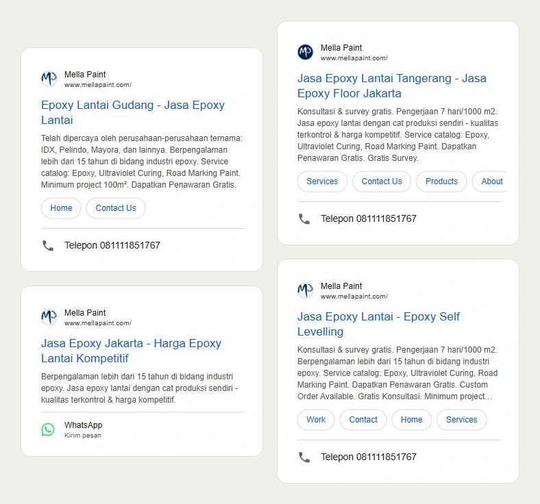 Four Mella Paint search ads: one naming clients IDX, Pelindo and Mayora, one with a WhatsApp button, one for Tangerang and Jakarta, one for self-levelling epoxy