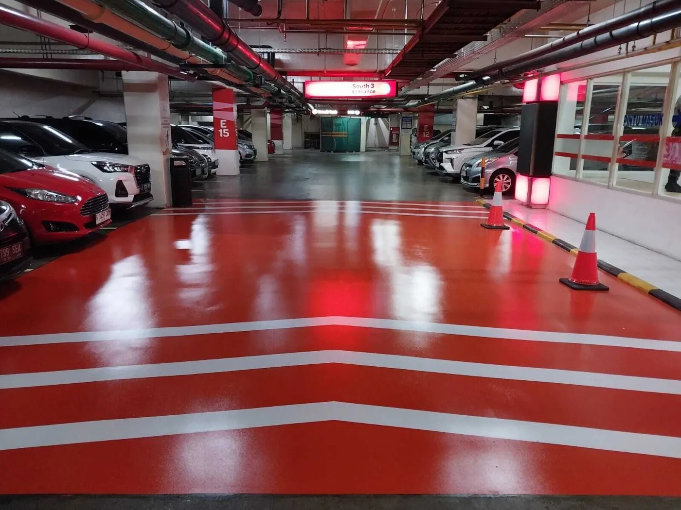 Red epoxy parking floor at Supermal Karawaci