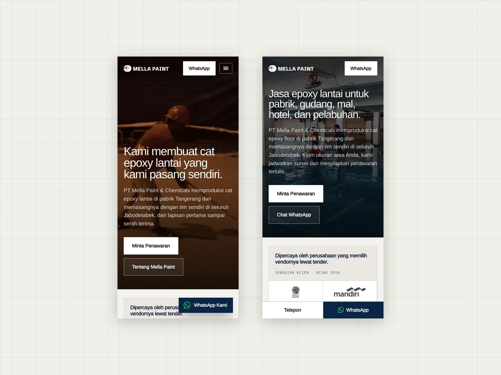 The mellapaint.com homepage and presell page on a phone